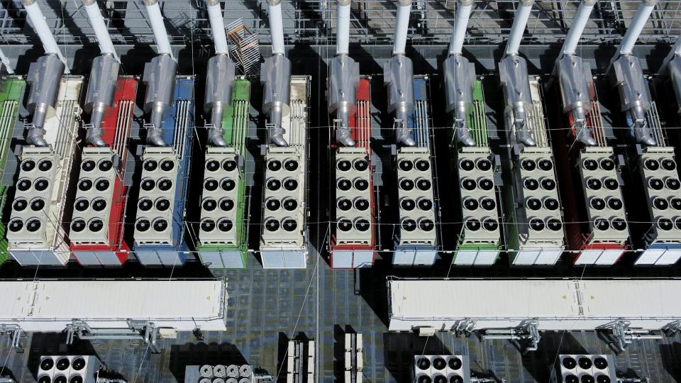 These ‘chillers’ on the roof of a data center in Germany, seen from above, work to cool the equipment inside the building. 