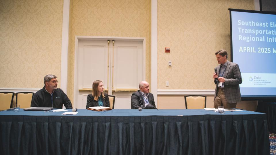 Richard Simmons (Georgia Tech Strategic Energy Institute and SETRI co-facilitator) (right) moderates a panel on charging infrastructure featuring (from left) Tom DelViscio (Duke Energy) Emily Belding (IONNA) and Ben Rogers (Electrada). [