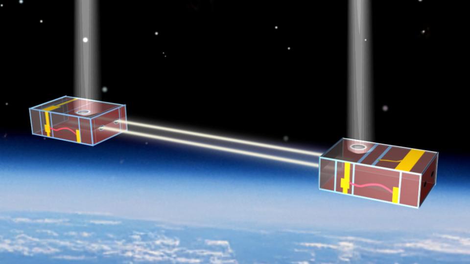 a rendering of two CubeSats in space, beaming light