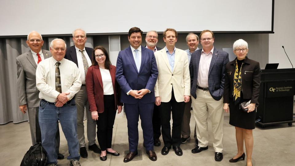 Andreas Villegas, Keynote Speaker and President of the Georgia Forestry Association with RBI's Executive Director Carson Meredith, Research Initiative Leads and Faculty.