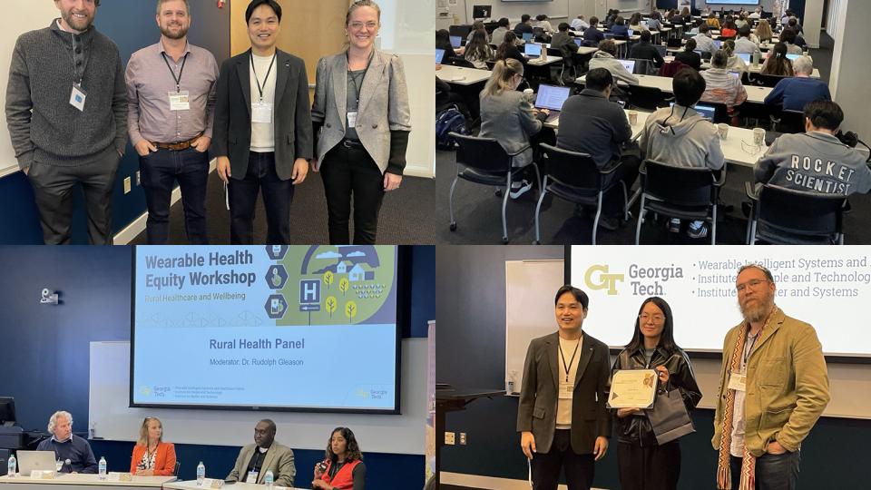Picture upper left: Philipp Gutruf, Alex Adams, Hong Yeo, and Kimberlee McKay. Picture upper right: workshop attendees. Picture lower left: Rudy Gleason, Shelly Spires, Brad Jones, and Ruwanthi Ekanayake. Picture lower right: Hong Yeo, Garan Byun, and Clint Zeagler.