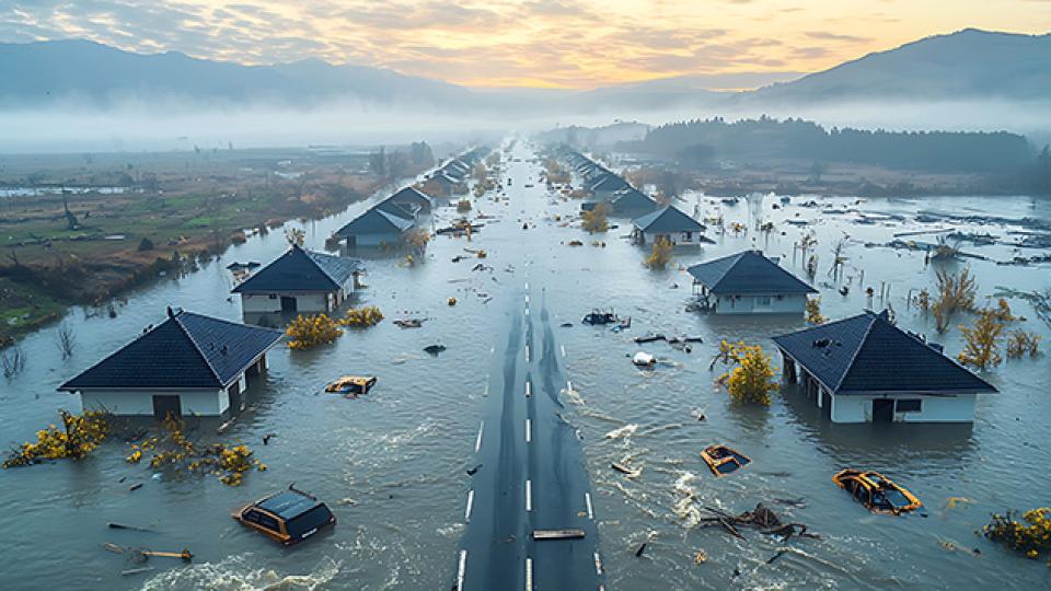 Post-hurricane flooding inundates residential areas and transportation infrastructure, with low-lying terrain overwhelmed by storm surge and excessive rainfall.