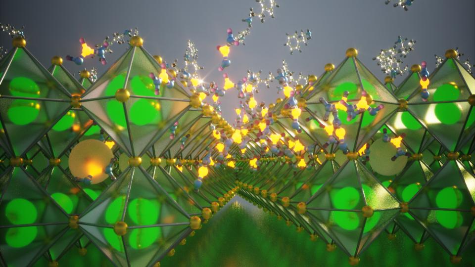 3D illustration of diamond-shaped perovskite structure in longs rows stacked in two layers.
