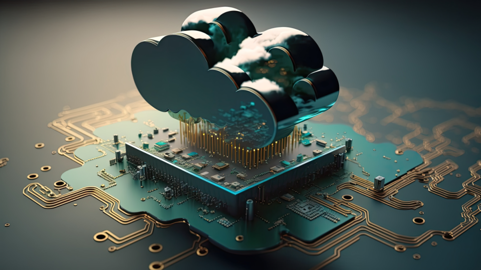 Graphic of a circuit board with a set of interconnects leading to a cloud