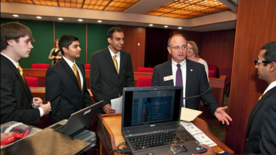 Georgia Tech BME students presented their CardioScout project done at SJTRI to the Science and Technology Committee at the Georgia State Capital. They were introduced by Georgia Tech President Bud Peterson and SJTRI Chairman Mr. Bruce Simmons.