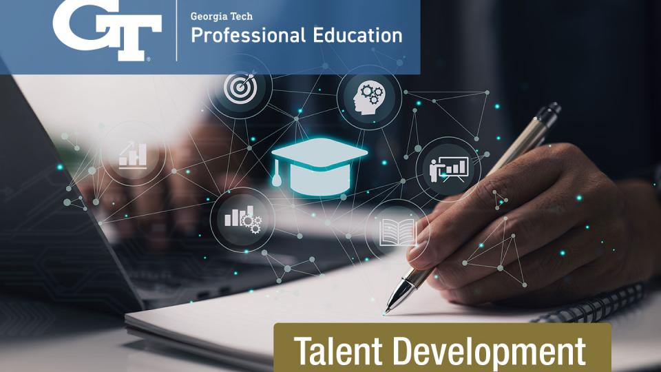 Image of student learner in front of laptop and writing on a pad.