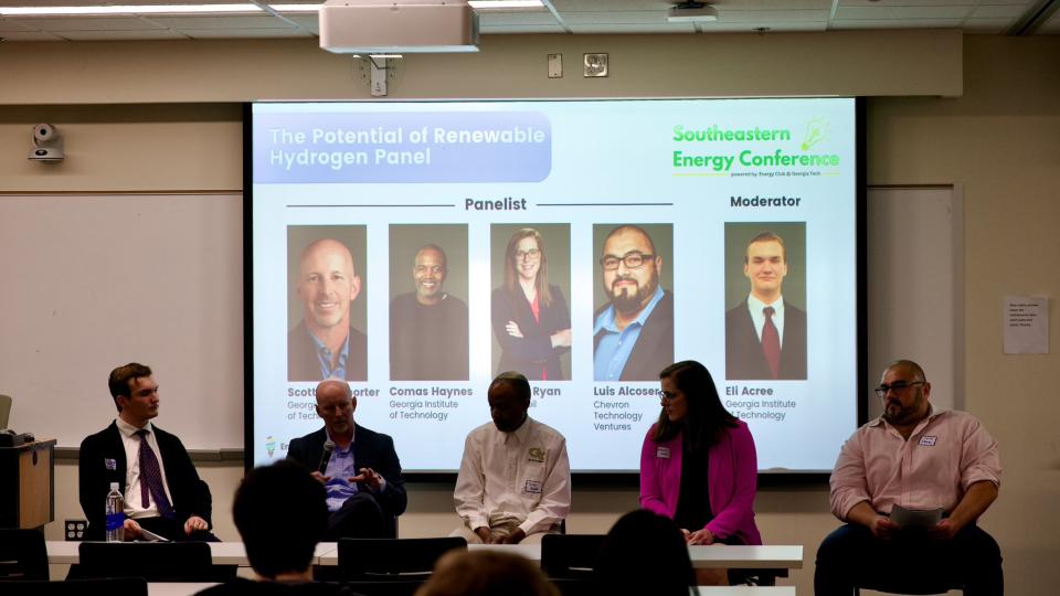 Energy Club's 11th Southeastern Energy Conference Panel on The Potential of Renewable Hydrogen featured Eli Acree, Chemical & Biomolecular Engineering Undergraduate, Georgia Tech (Moderator), Panelists Scott McWhorter, Federal Opportunities and Strategy, Georgia Tech Strategic Energy Institute, and Board Chairman, Southeast Hydrogen Energy Alliance, Comas Haynes, Hydrogen Initiative Lead, Georgia Tech Strategic Energy Institute, Hayley Ryan, Field Engineering Manager, ExxonMobil, Luis Alcoser, GM Future Ene