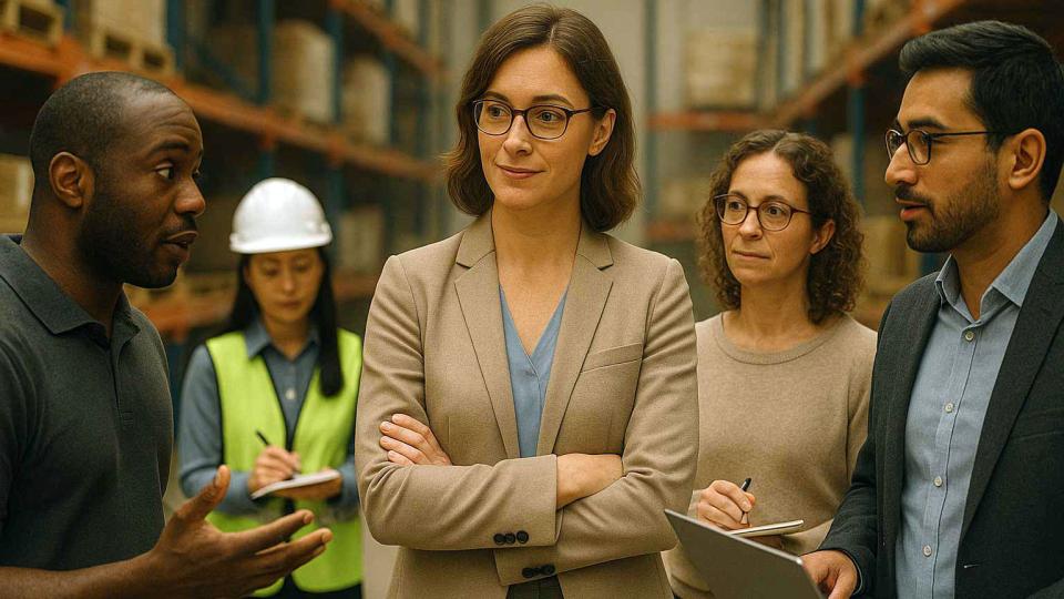 A female supply chain leader attentively listening to a conversation between members of her team on a warehouse floor