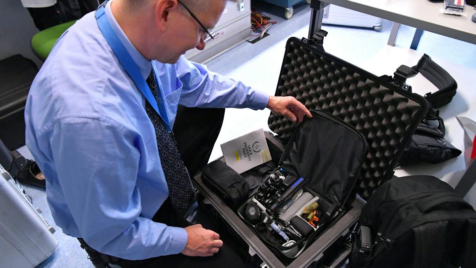 This travel case holds a toolkit containing equipment for inspecting nuclear facilities