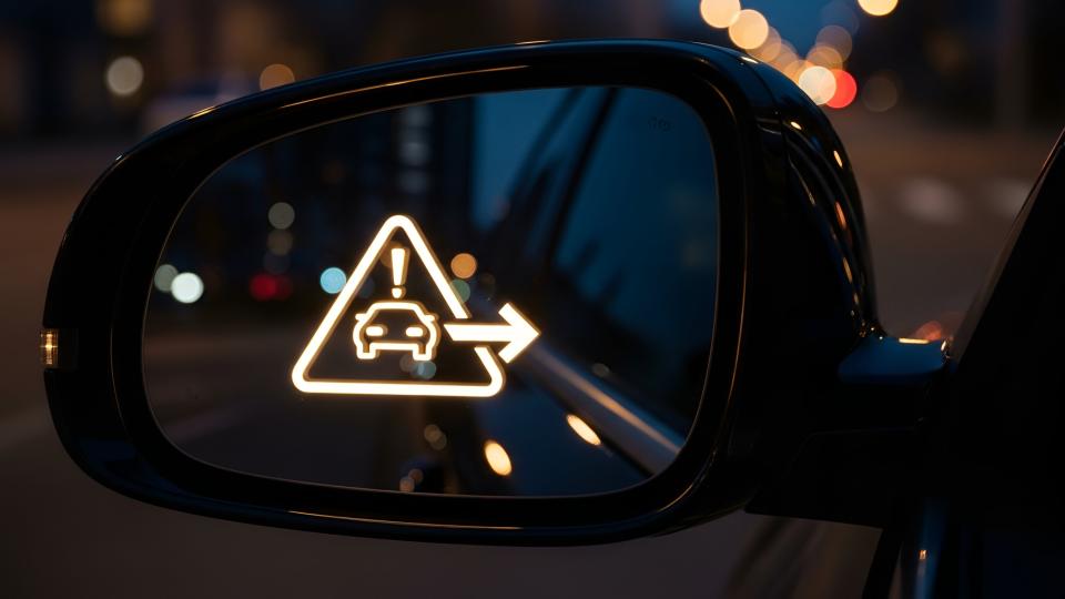 A car's side view mirror with a alert in the center of the mirror. 
