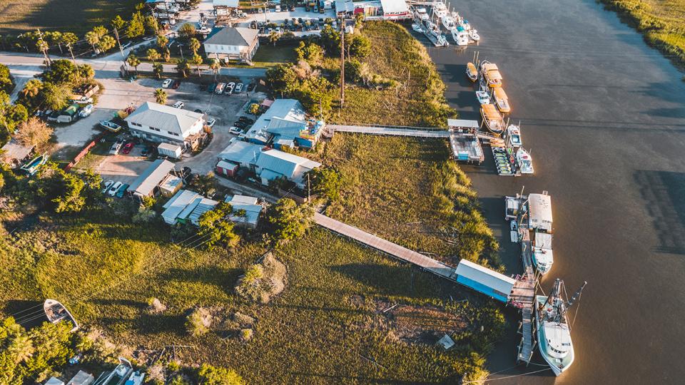 Aerial view of Tybee Island marina in Chatham County, Georgia.