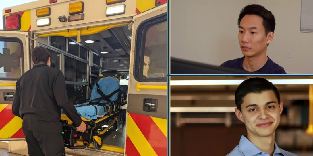 Bradford “Brad” Greer (bottom) and Kevin Ge (top), both 2023 graduates from the George W. Woodruff School of Mechanical Engineering, and founders of CADMUS Health Analytics. Left, Greer loading a stretcher after dropping a patient off.