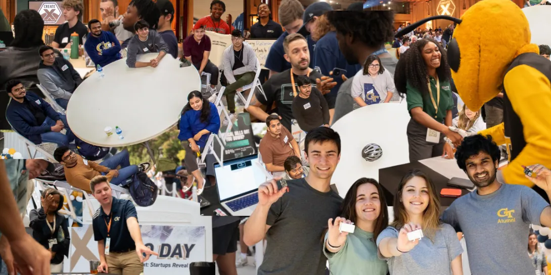 Image of CREATE-X Founders in the Startup Launch program, showing their products, meeting guests of Demo Day, and networking