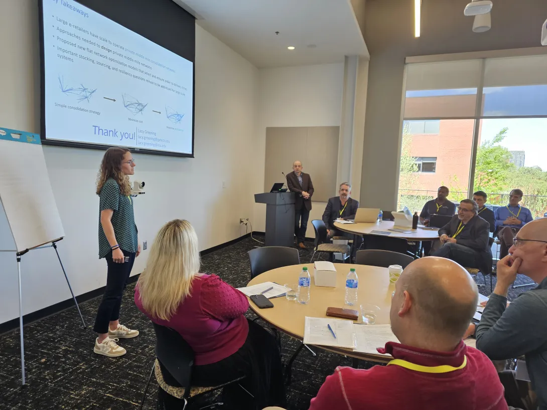 Lacy Greening, ISyE PhD Candidate, presenting research during April 12, 2024 SCL Industry Advisory Board meeting.