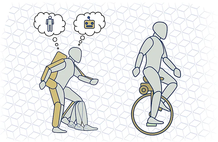 Graphic of person using an assistive device thinking about how a robot could hep learn riding a unicycle
