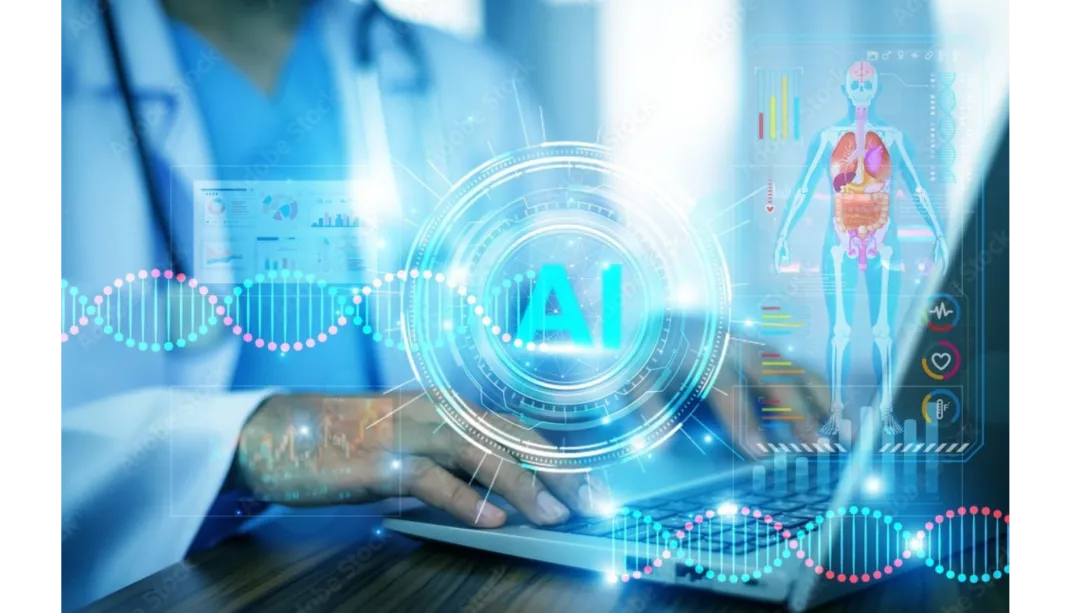 <p>An illustration representing a doctor working with an AI-powered health device.</p> A doctor on a computer working with an AI-powered health device