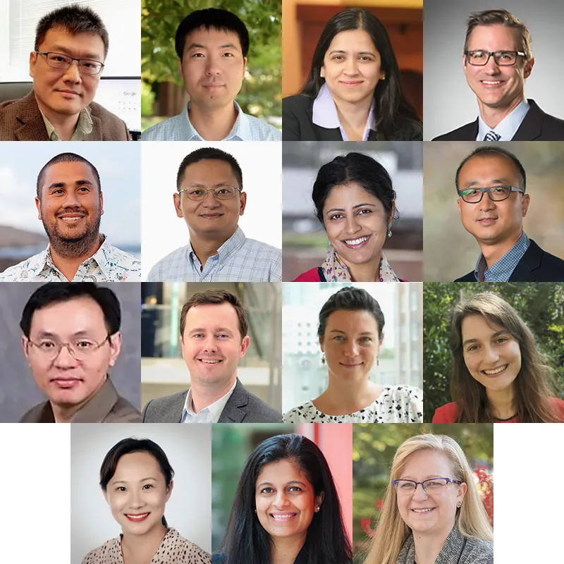 Montage of portraits of the 2023 BBISS Initiative Leads. From L to R: Hailong Chen, Yi Deng, Shatakshee Dhongde, Michael Helms, Josiah Hester, Xiaoming Huo, Neha Kumar, Junshan Liu, Jian Luo, Alex Oettl, Dori Pap, Brigitte Stepanov, Yuanzhi Tang, Anjali Thomas, and Danielle Willkens.