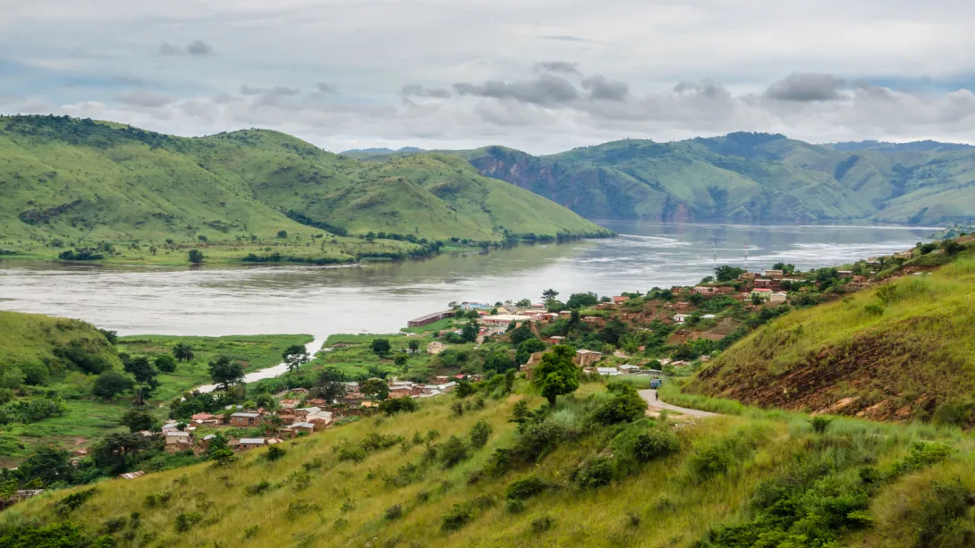 Small Village in Green Hills at Congo River, Democratic Republic of Congo, Africa