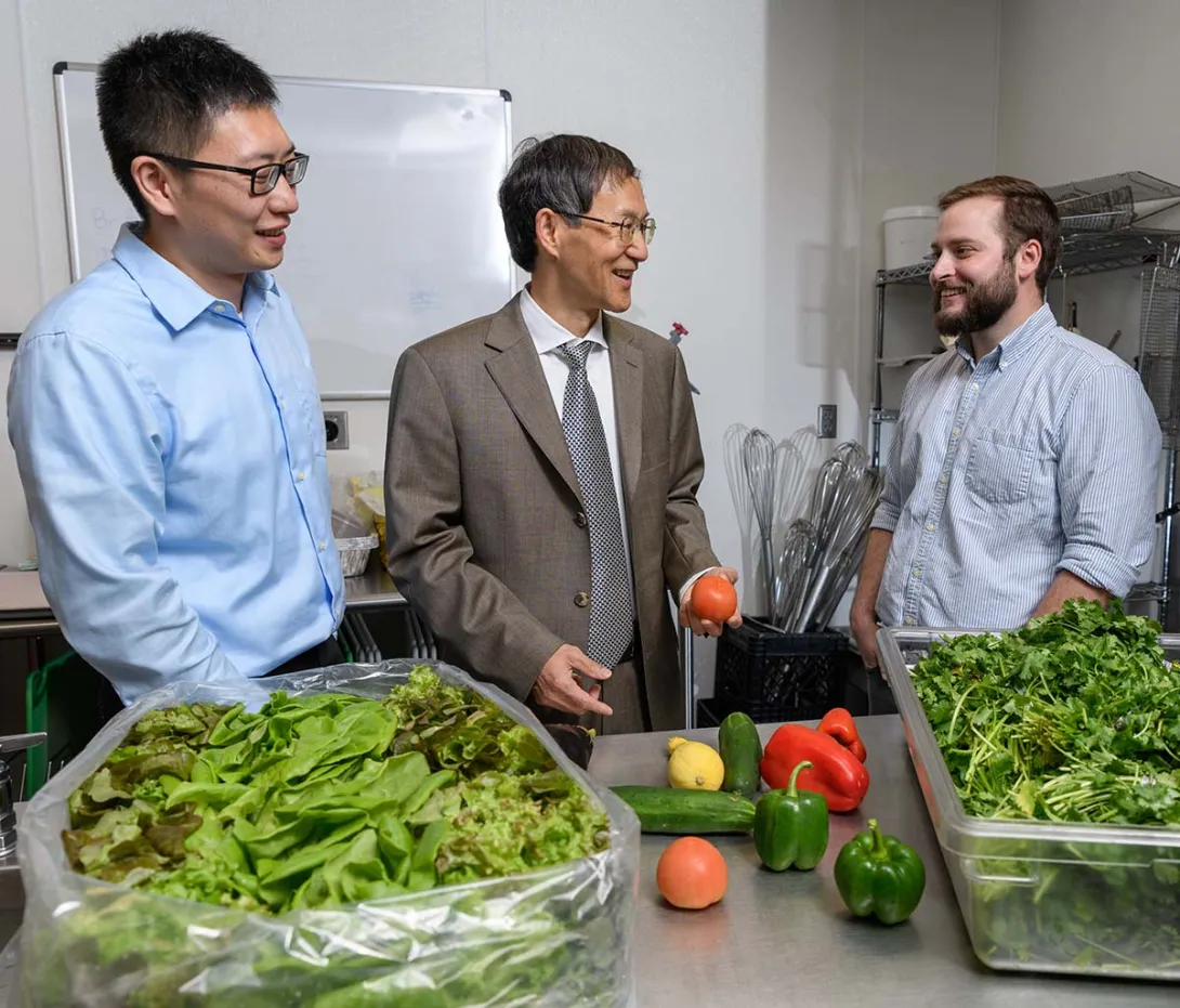 Three Georgia Tech researchers talking behind a table loaded with lettuce and vegetables.