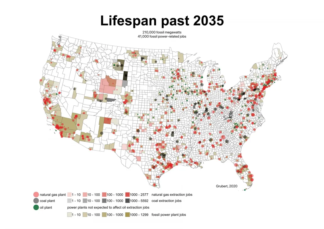 Map showing power plants with lifespans beyond 2035