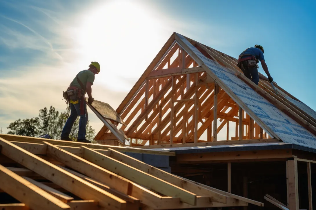 Carpenters build a roof on a residential house