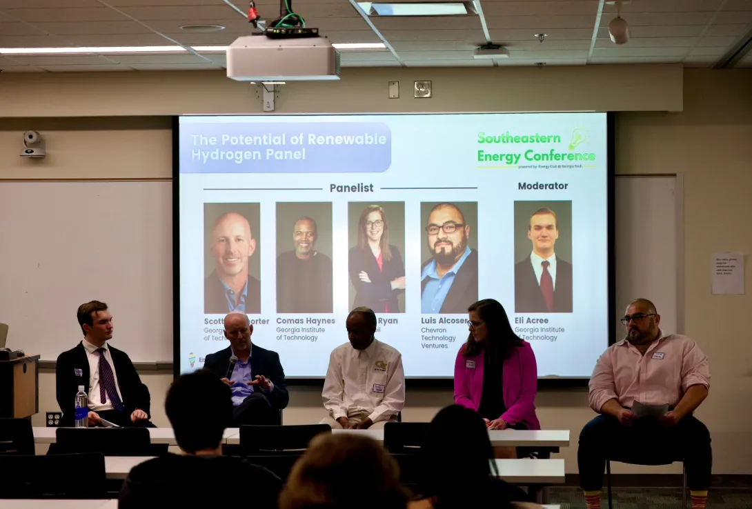 Energy Club's 11th Southeastern Energy Conference Panel on The Potential of Renewable Hydrogen featured Eli Acree, Chemical & Biomolecular Engineering Undergraduate, Georgia Tech (Moderator), Panelists Scott McWhorter, Federal Opportunities and Strategy, Georgia Tech Strategic Energy Institute, and Board Chairman, Southeast Hydrogen Energy Alliance, Comas Haynes, Hydrogen Initiative Lead, Georgia Tech Strategic Energy Institute, Hayley Ryan, Field Engineering Manager, ExxonMobil, Luis Alcoser, GM Future Ene