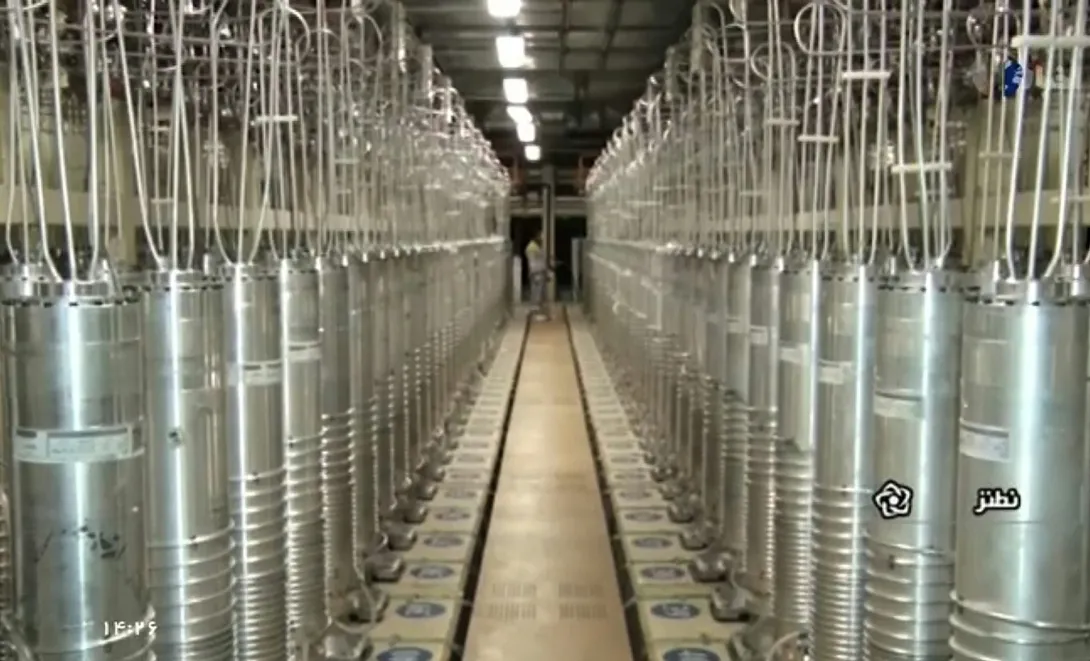 An image from Iranian television shows centrifuges lining a hall at Iran’s Natanz uranium enrichment facility in 2021. IRIB via APPEAR