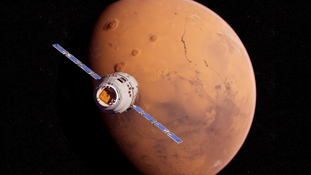 the planet mars with a satellite flying in front of it