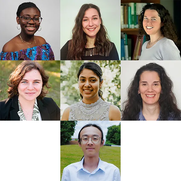 Montage of portraits of the inaugural class of BBISS Graduate Fellows. L to R, top to bottom, Bettina Arkhurst, Katherine Duchesneau, Marjorie Hall, Meaghan McSorley, Udita Ringania, Ioanna Maria Spyrou, Yilun 'Elon' Zha.