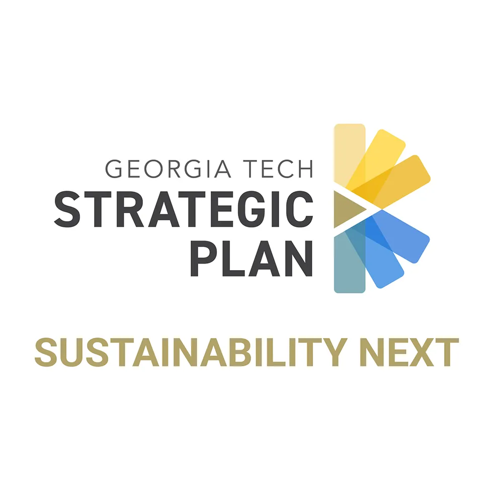 A logo with the words "Georgia Tech Strategic Plan" over "Sustainability Next" with an abstract half-flower with blue, yellow, and gold rectangular petals.