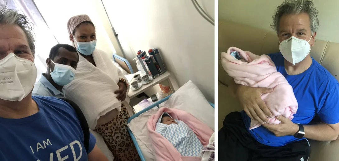 Professor Rudy Gleason with baby and parents at a hospital in Ethiopia