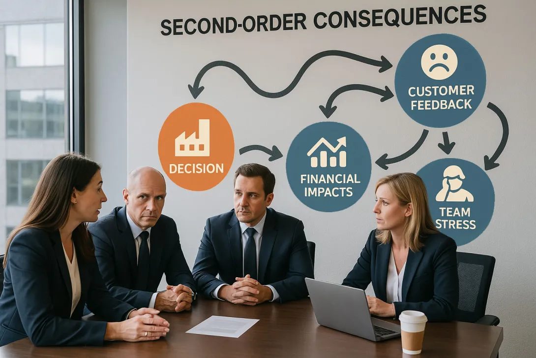 Management team sitting around conference room table discussing concerns about a business decision