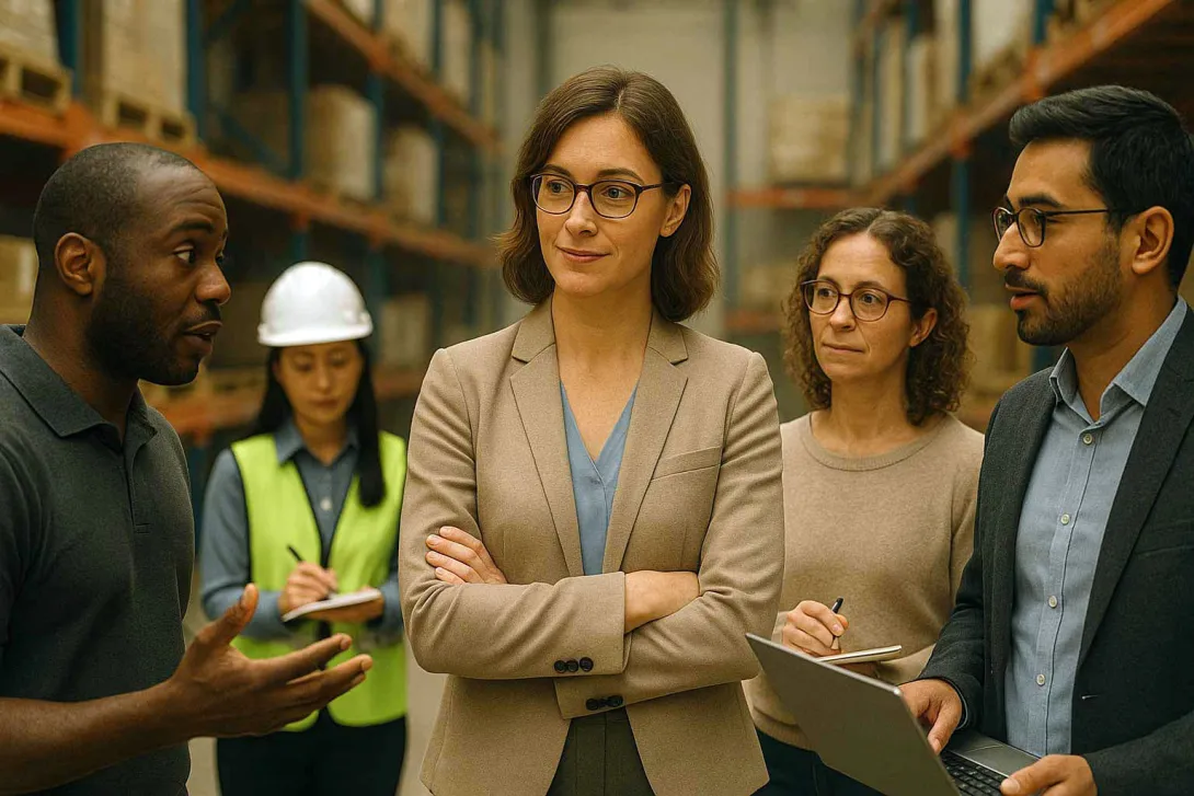 A female supply chain leader attentively listening to a conversation between members of her team on a warehouse floor