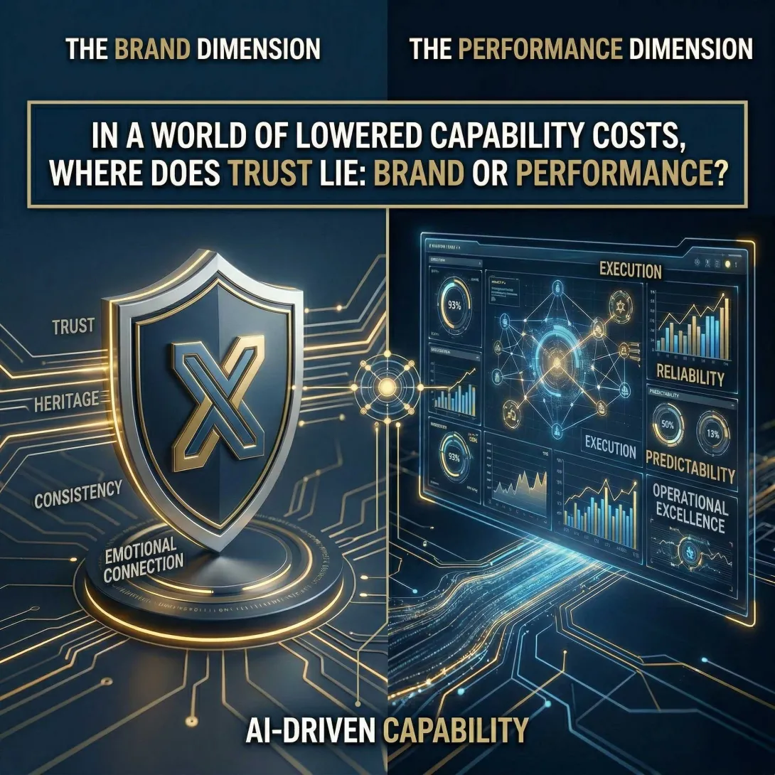 A split-panel conceptual infographic asks a central question: "IN A WORLD OF LOWERED CAPABILITY COSTS, WHERE DOES TRUST LIE: BRAND OR PERFORMANCE?" The left side, "THE BRAND DIMENSION," features a glowing shield on a pedestal with an 'X' logo and lists traits like "TRUST" and "HERITAGE." The right side, "THE PERFORMANCE DIMENSION," displays a holographic data interface with metrics like "EXECUTION," "RELIABILITY," and "PREDICTABILITY.