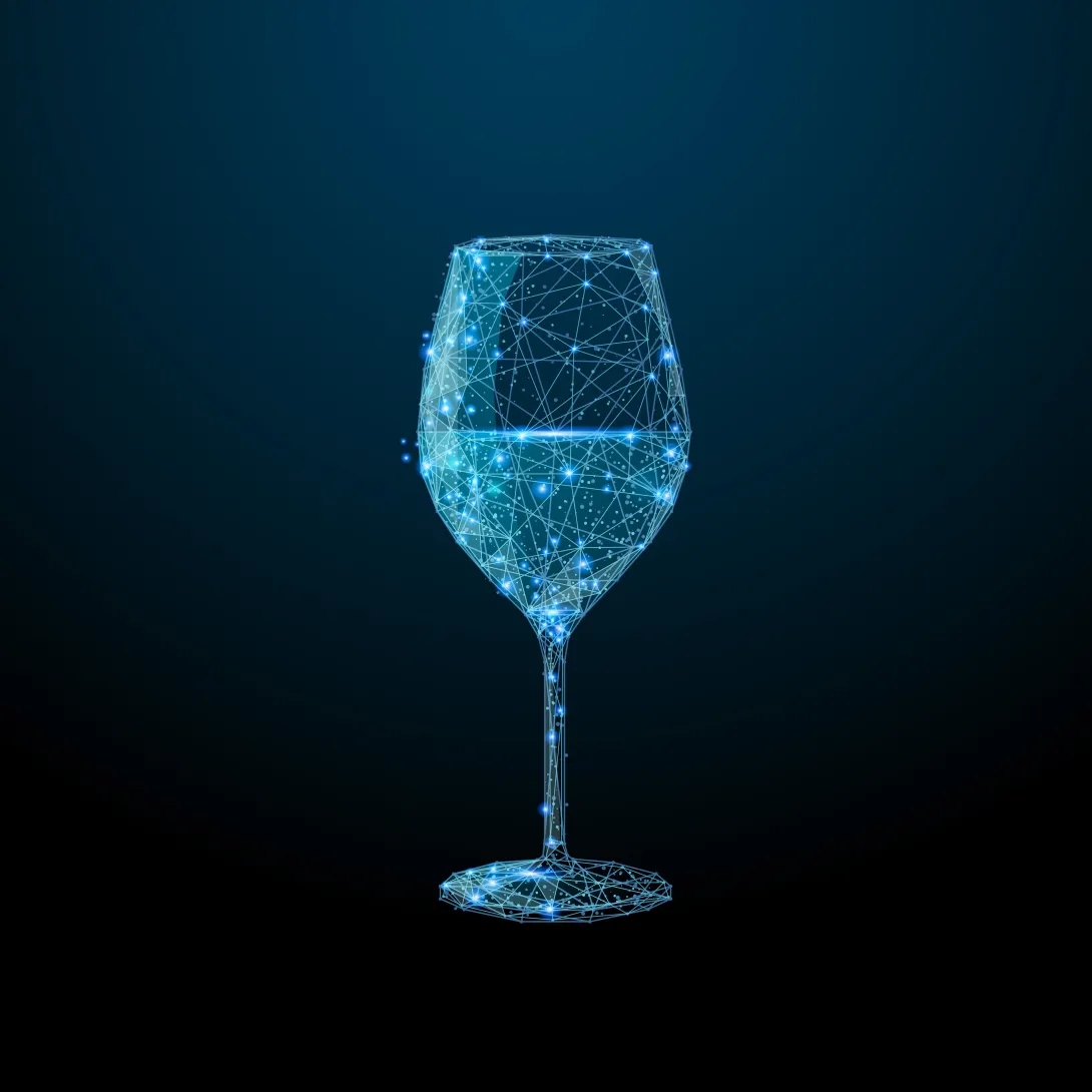 An abstract glass of wine consisting of points, lines, and shapes.