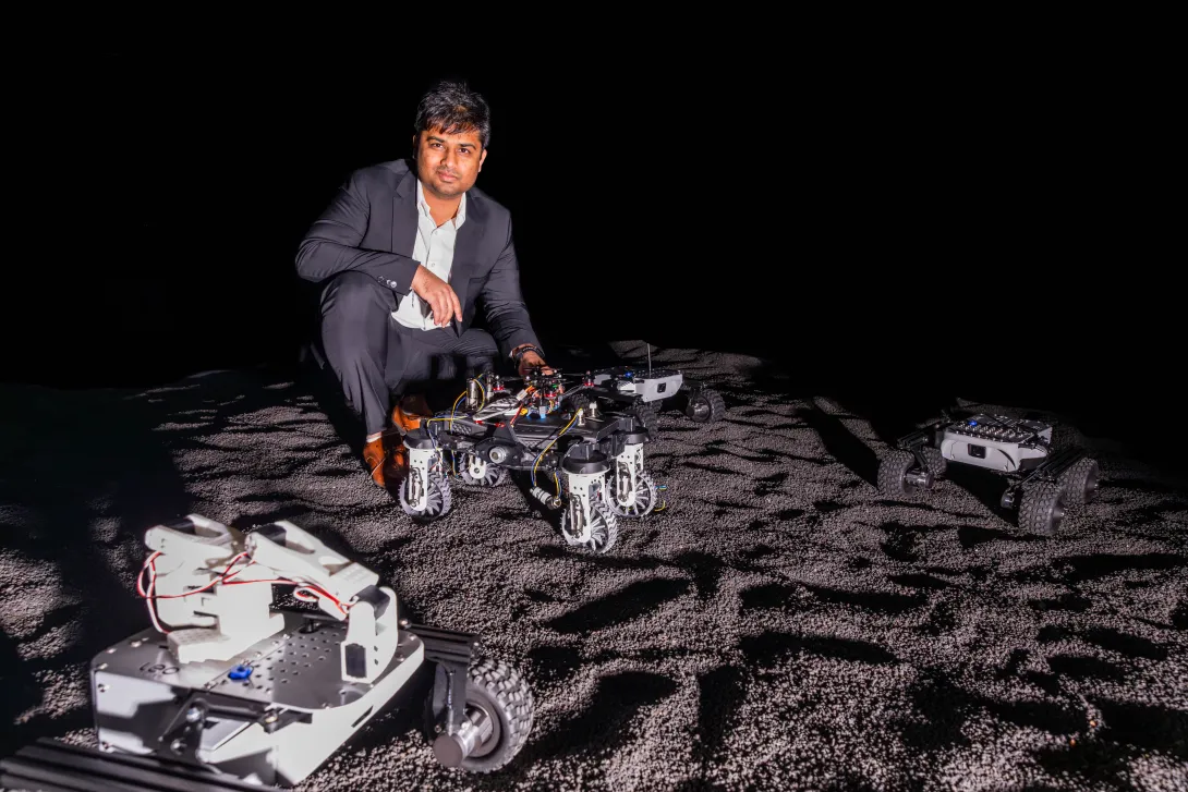Professor Yashwanth Nakka in the Aerospace Robotics Lab. (Photo: Cameron Eure)