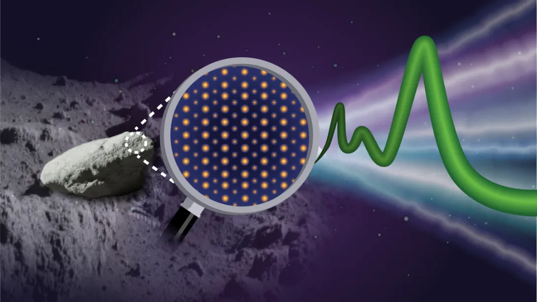 A figure showing moon rocks, a magnifying glass showing the internal structure, with a green wavy line emitting from the rock.