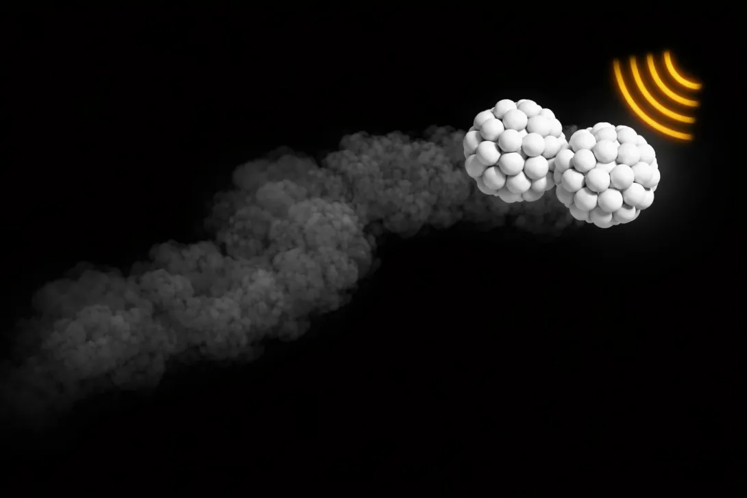 Abstract illustration of clustered white nanoscale particles moving through a dark vessel with signal waves.