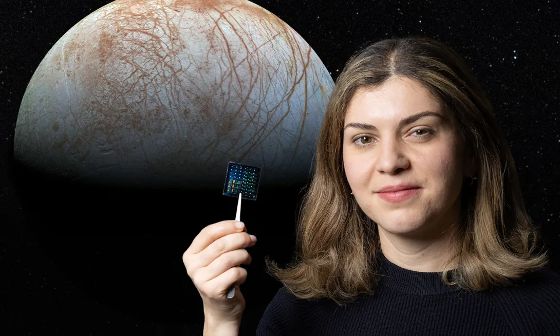 Composite image of Europa behind Azadeh Ansari holding a computer chip that combines many sensors into one small package.