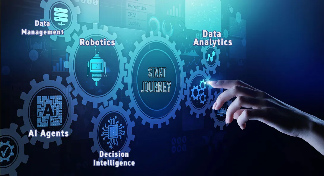 Illustration showing hand about to press "Start Journey" button. Elements of AI agenrs, data mgmt, Robotics, and Data Analytics shown.