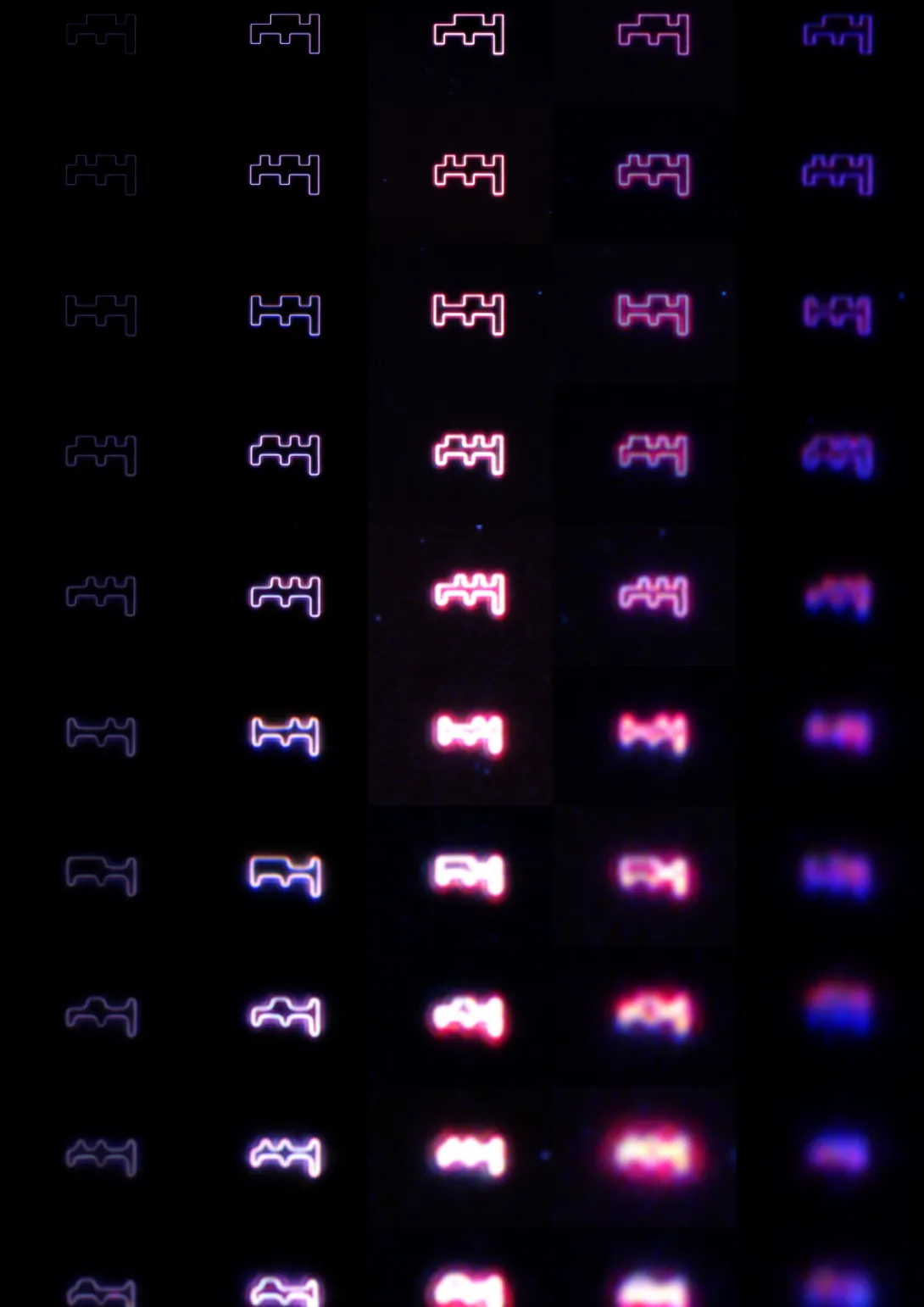 Grid of glowing micro-scale patterns displayed in varying brightness and sharpness against a dark background. The repeated shapes appear in columns, showing differences in focus or intensity across the images.