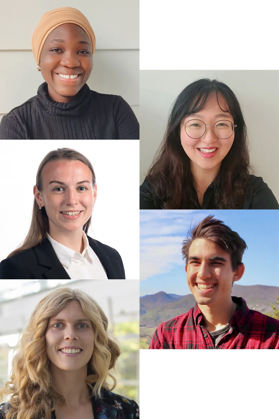 Montage of portraits. R to L, Top to Bottom: Aminat Ambelorun, Min-kyeong (Min) Cha, Allannah Duffy, Eric Greenlee, and Spenser Wipperfurth