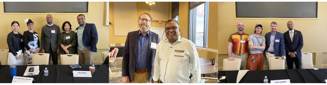 Left: panelists Cindy Lin, Celine Benoit, Matthew Williams, Ding Wang, and Kahil Bostick. Center: Michael Best and Verghese Jacob. Right: panelists Allen Hyde, Michael Czajkowski, Zachary Hansen, and Donnie Beamer. Not pictured: Peter Hubbard who joined virtually.
