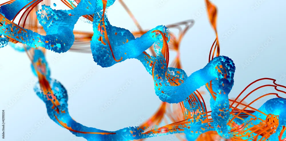 Blue and orange spirals against a light blue background.