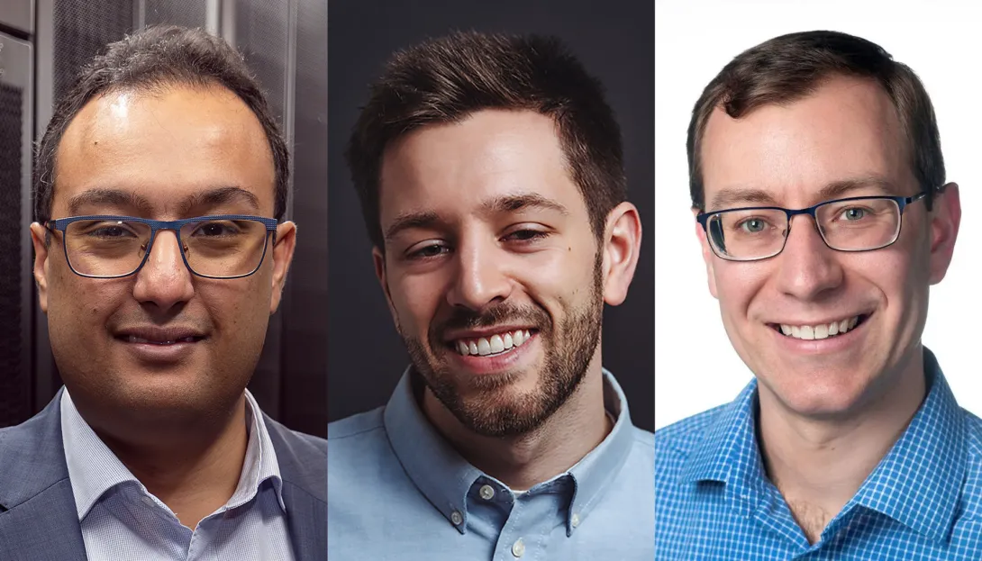 Three men's individual portrait-style photos are arranged side by side, each showing a person from the shoulders up. The individuals wear collared shirts and appear in different lighting settings, including a dark background, a neutral studio backdrop, and a bright white background.