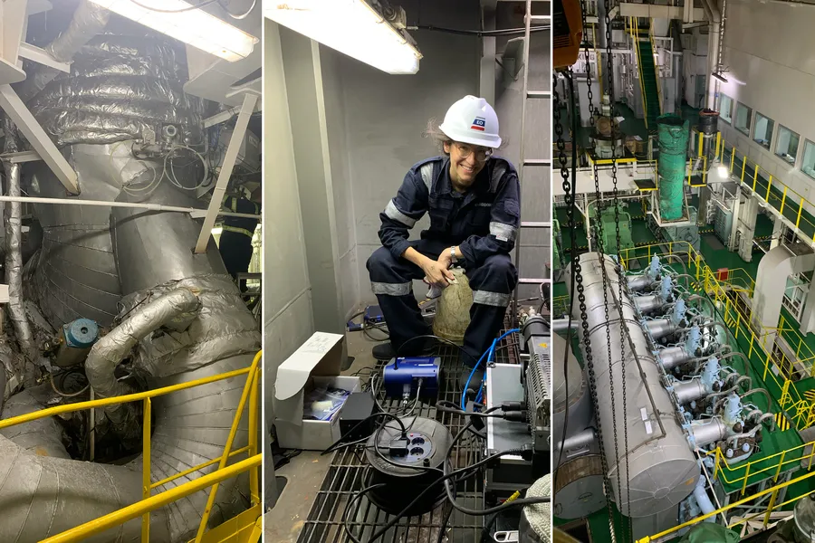 Patricia Stathatou onboard a bulk carrier vessel to measure emissions and gather seawater and washwater samples. The image shows (from left to right) measuring emissions upstream of the scrubber, Stathatou downsteam of the scrubber, and the enginer room aboard the bulk carrier vessel.