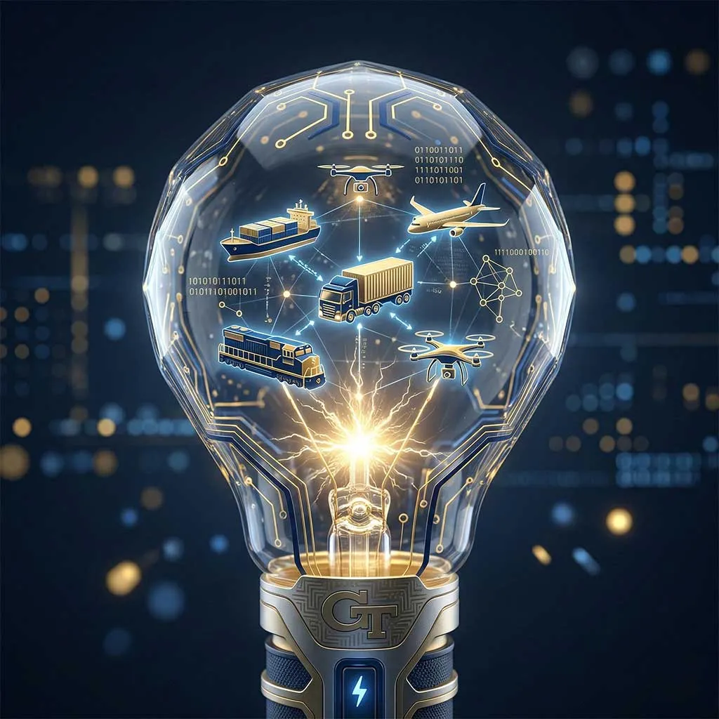Futuristic illustration showing lightbulb with elements of modern supply chain inside.