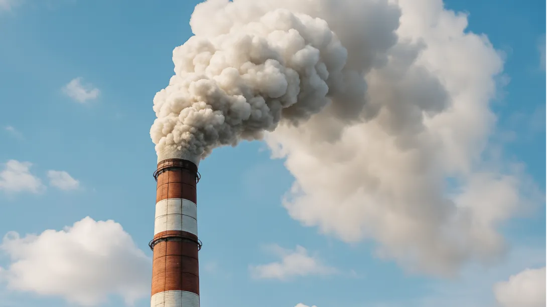 A tall industrial smokestack releasing a large plume of white smoke into a blue sky with scattered clouds.