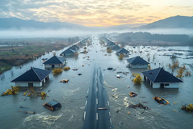 Post-hurricane flooding inundates residential areas and transportation infrastructure, with low-lying terrain overwhelmed by storm surge and excessive rainfall.