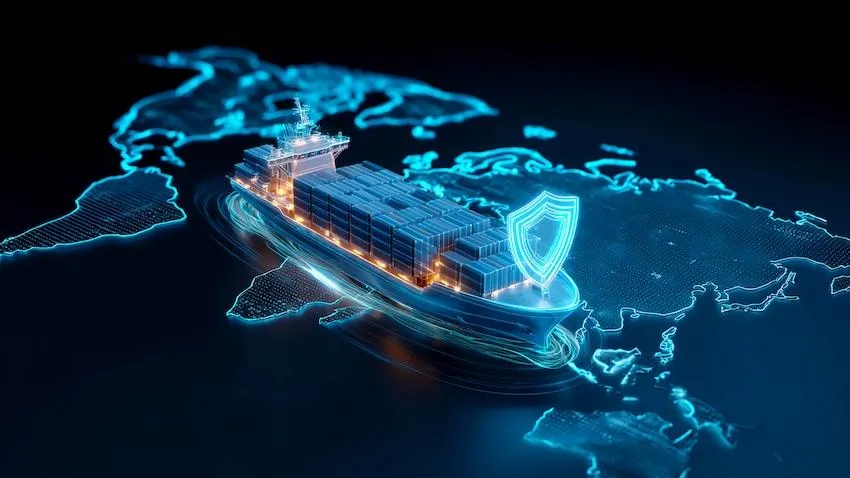 A graphic of a boat sailing across the globe with a cyber shield at its front. 